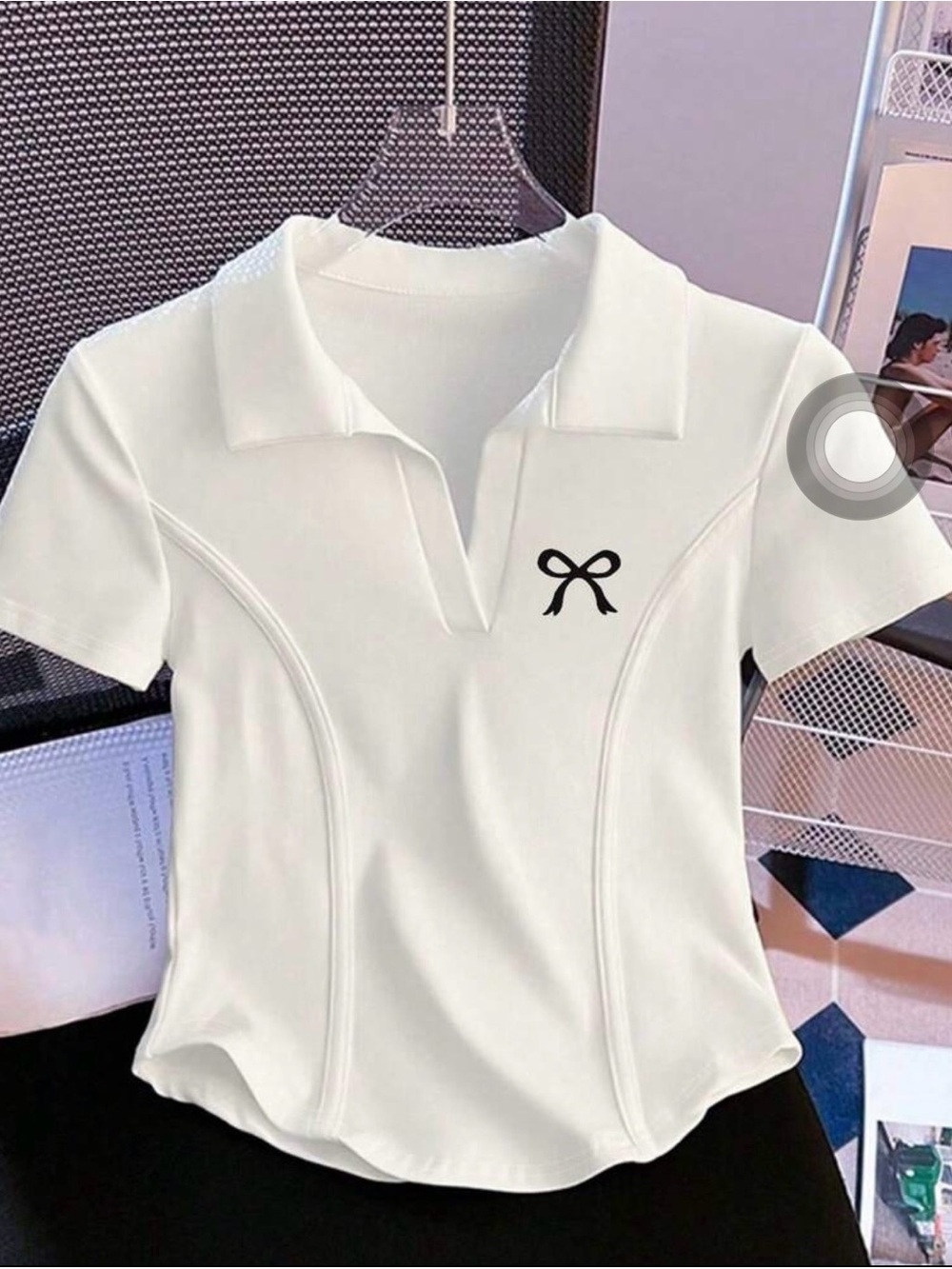 SHEIN White Collared Bow Embroidered Crop Top | Coquette Tennis Polo | Size S